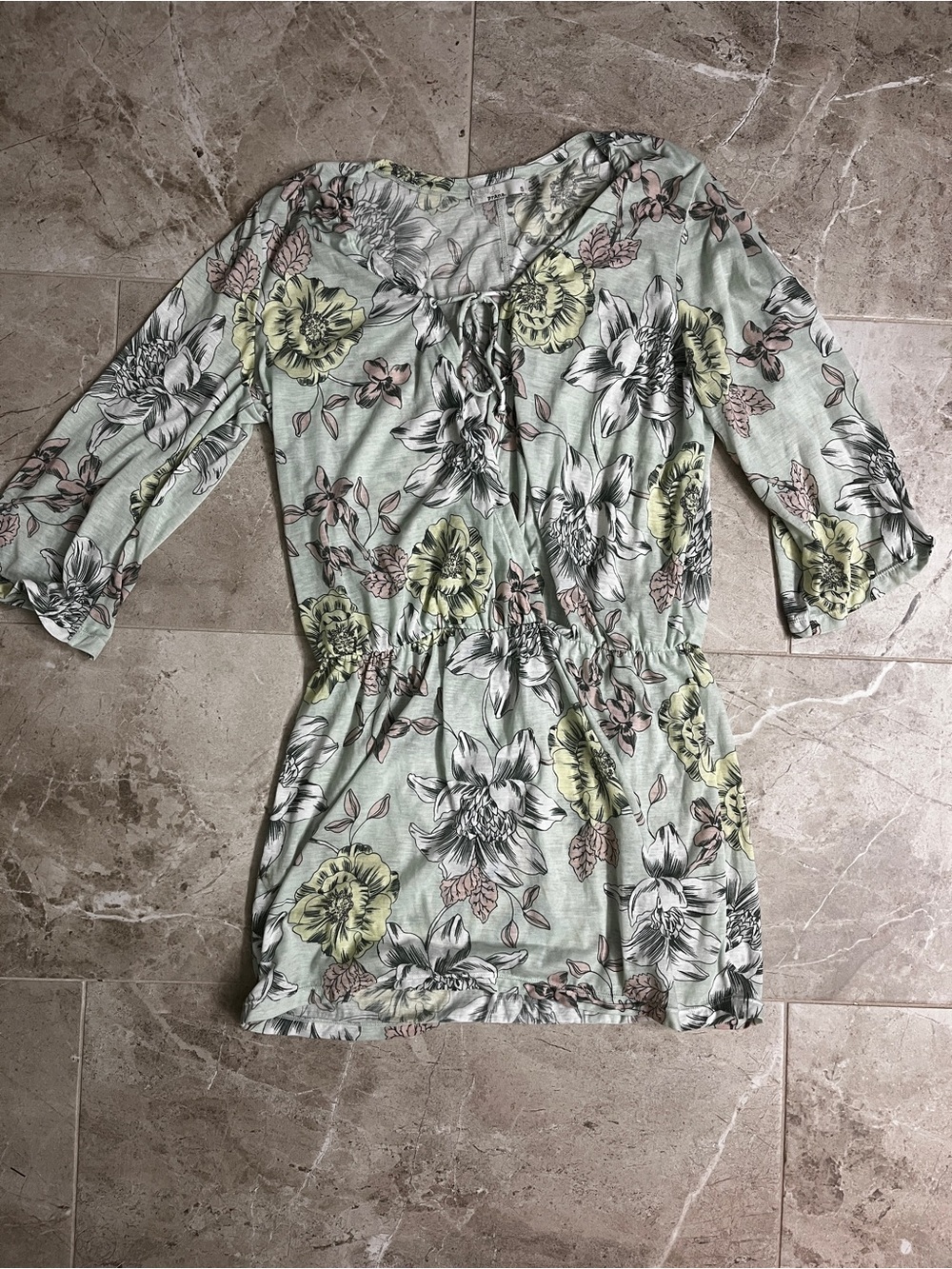 Prana Light Sage Floral Mini Dress with Yellow and Pink Accents